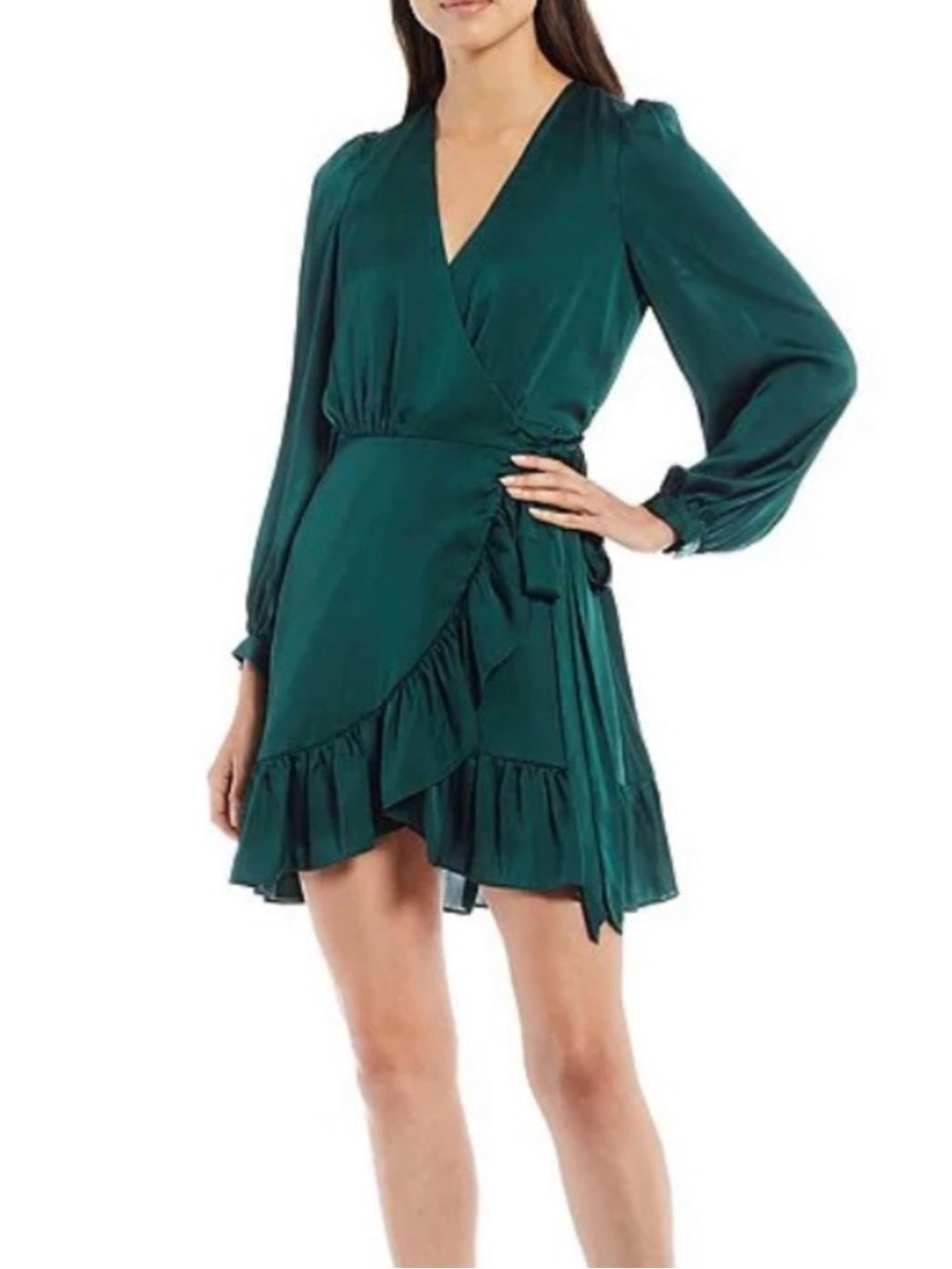 Gianni Bini Deep Emerald Wrap Ruffle Mini Dress